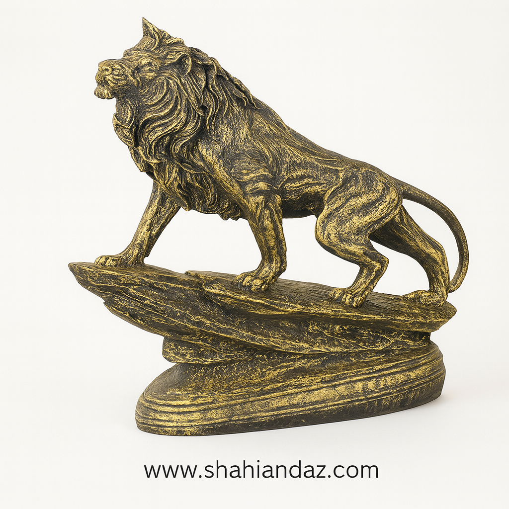 The Roar of Royalty – Golden Lion Sculpture on Cliff Muzamil Decor