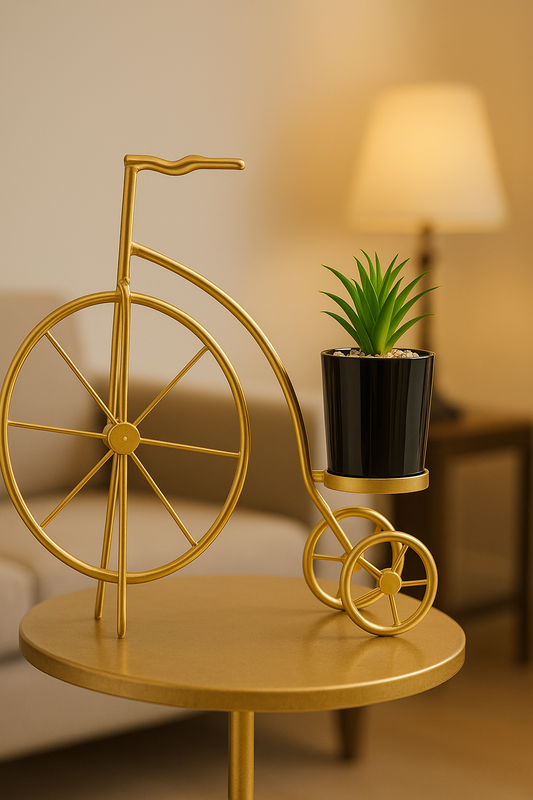 Golden High-Wheel Bicycle Planter with Black Pot SHAHI ANDAAZ