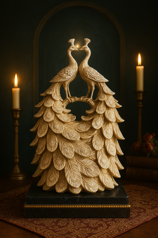 Golden Embrace – Twin Peacock Sculpture with Ornate Feather Detail SHAHI ANDAAZ
