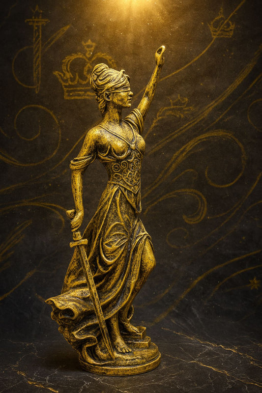 Blind Lady Justice Statue – Antique Gold Finish Ameer & Sons